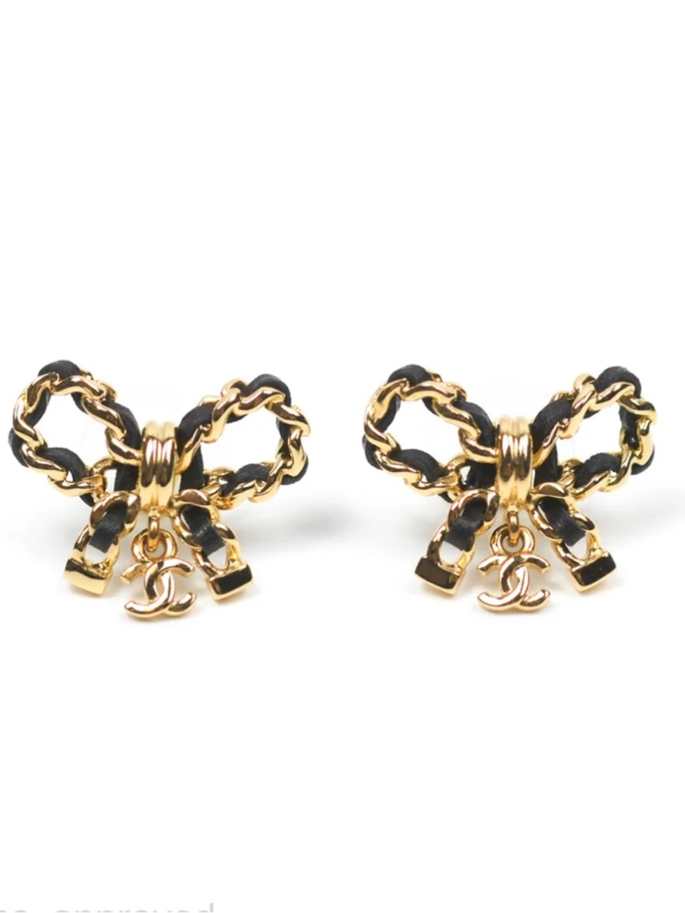 CHANEL Black and Gold Bow Earrings with CC Charm